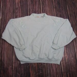 Vintage Robinson's Womens Large Green Crewneck Fleece Sweater Floral Embroidered